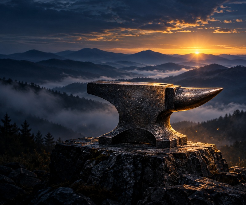 An anvil on a rocky Appalachian overlook, lit by gold twilight above misty mountain ridges.