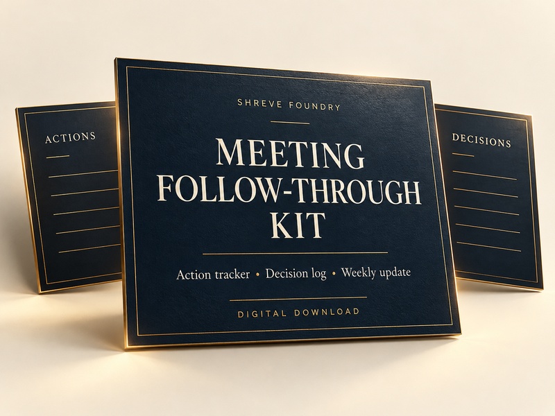 Meeting Follow-Through Kit promotional artwork with navy and gold panels labeled Actions and Decisions. Action tracker, Decision log, Weekly update. Digital download.