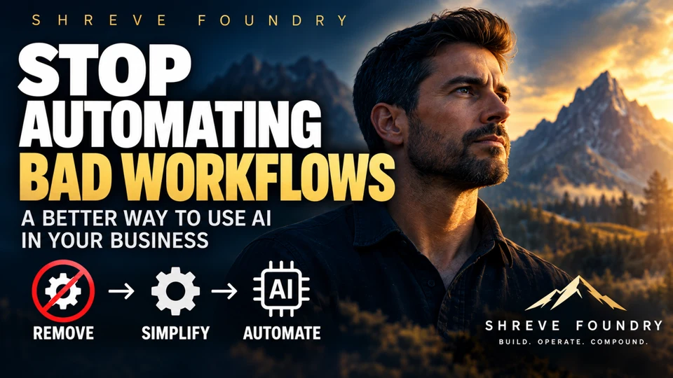 Video 002 thumbnail: Stop Automating Bad Workflows — A Better Way to Use AI in Your Business. Remove, simplify, automate.